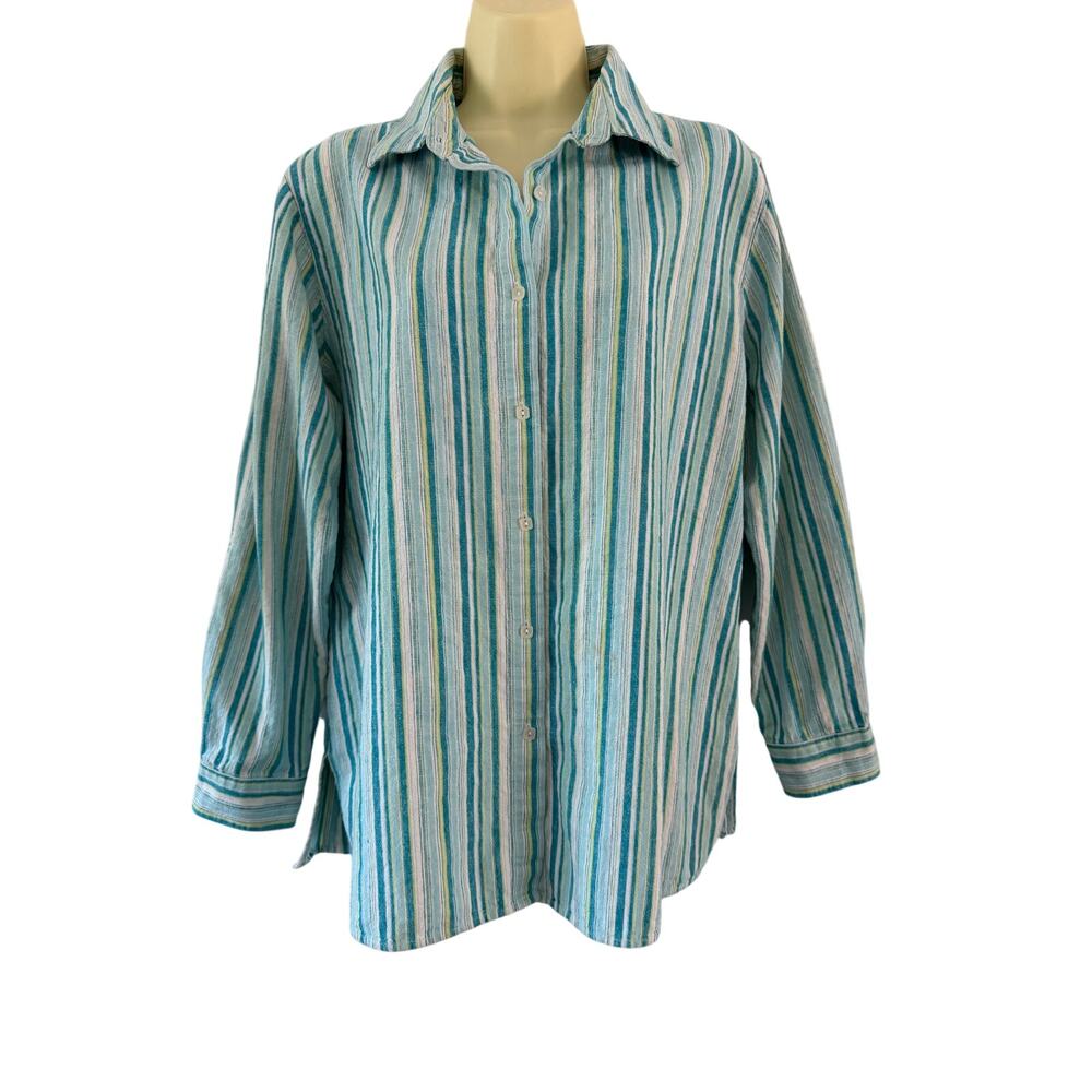 Kim Rogers Blue Striped Linen Blend Blouse Button Up Size Large Roll Tab Sleeve